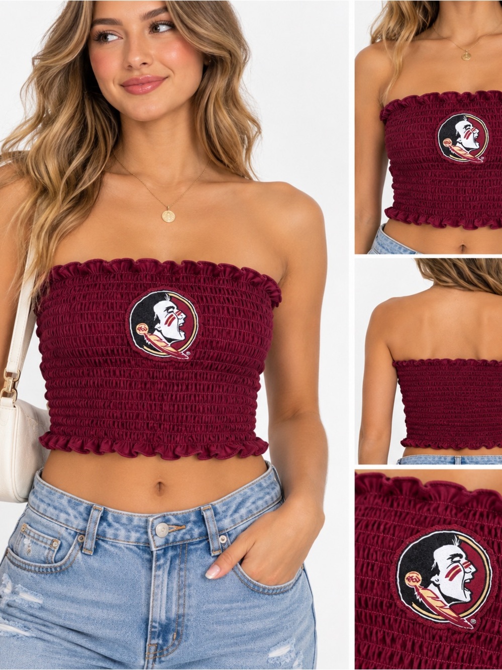 Strapless Smocked Crop Top in Burgundy with Team Patch